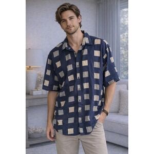 KIKOMO 100% Silk Button Up Shirt Men's M Blue Print Short Sleeve Retro Oversized